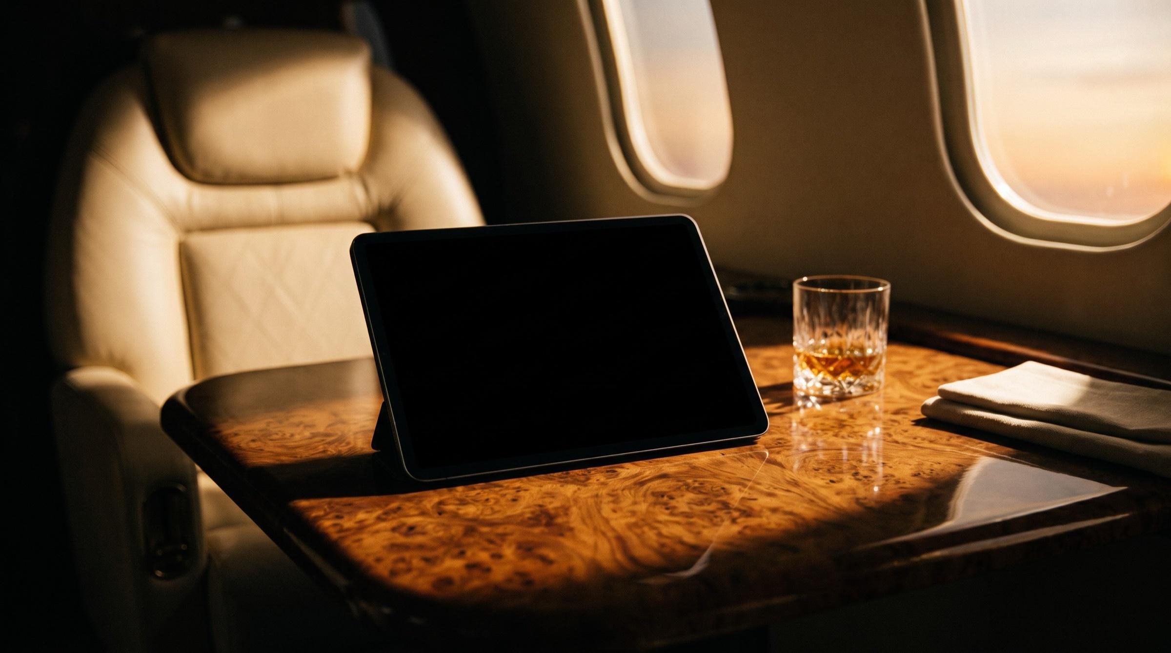 A private jet cabin at sunset