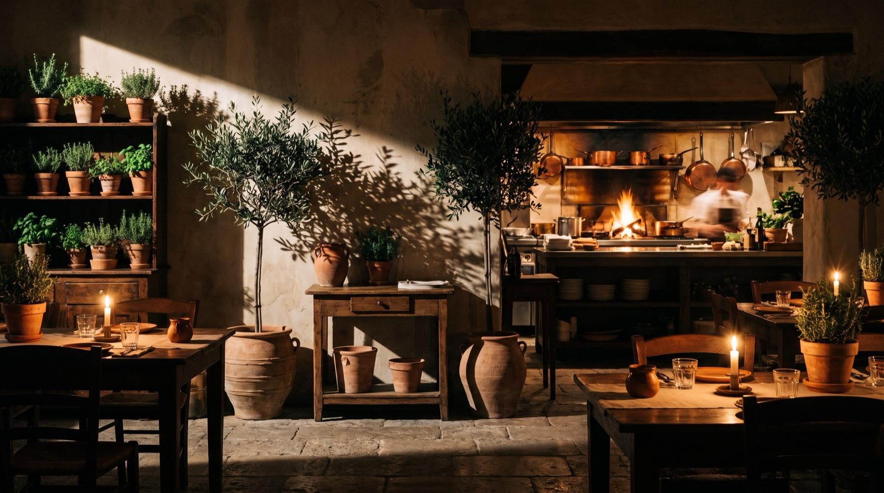 A candlelit coastal Italian dining room with an open kitchen