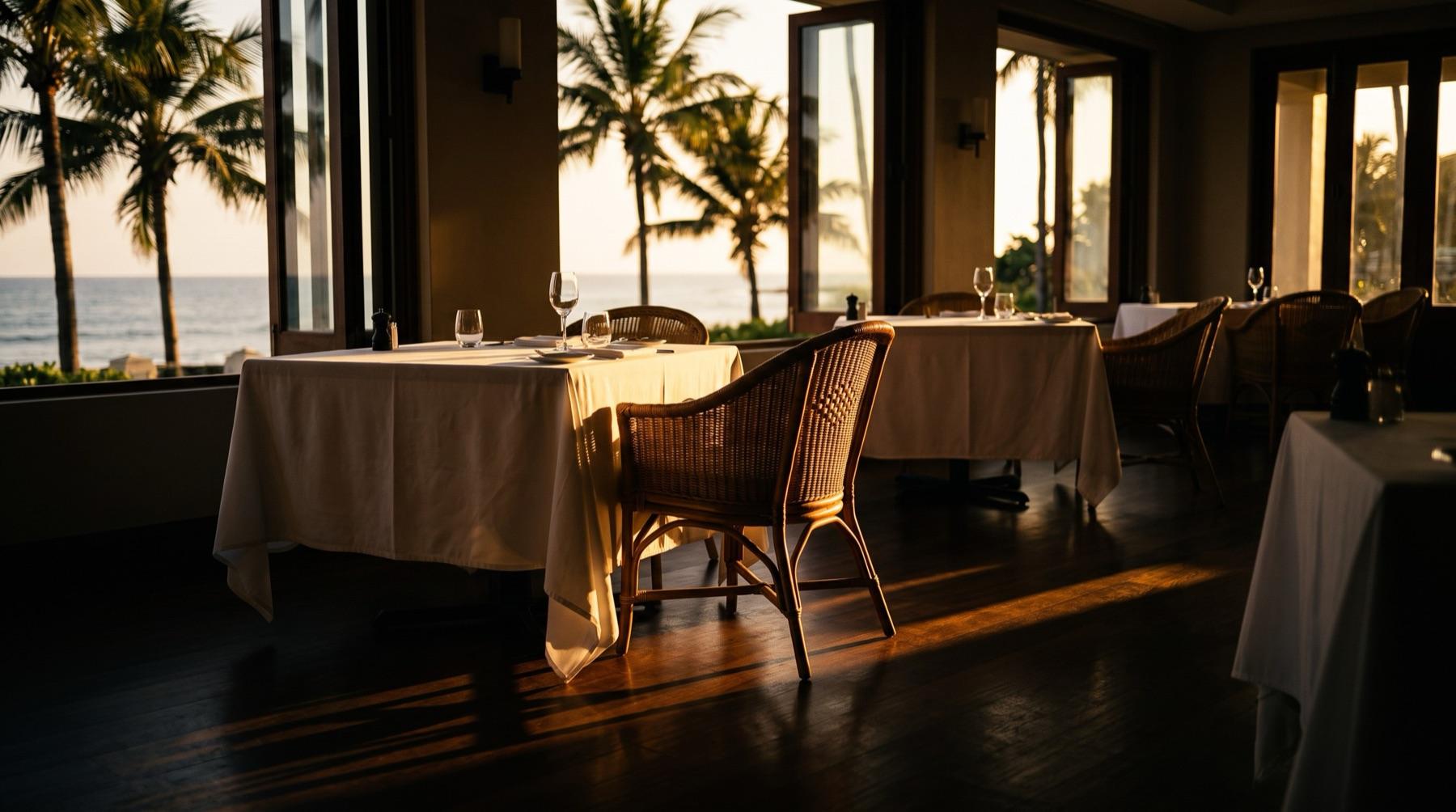 An oceanfront dining room at golden hour with white linen and rattan chairs