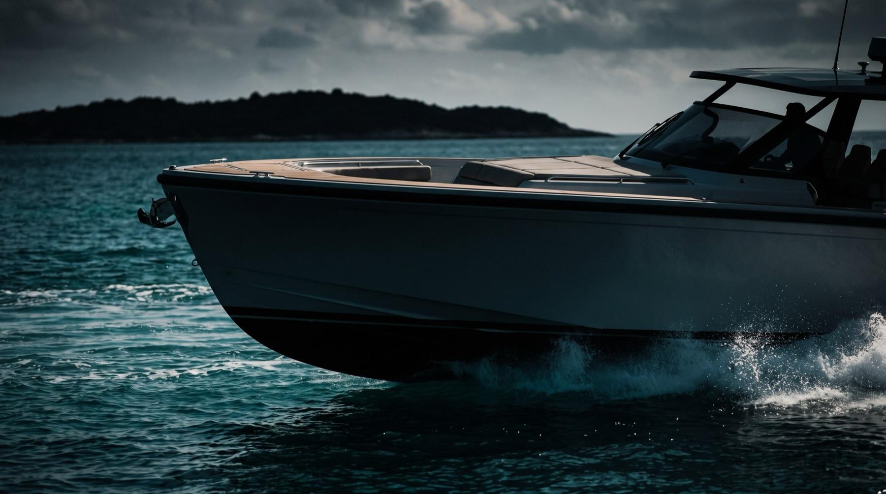 An open sport yacht planing across turquoise water