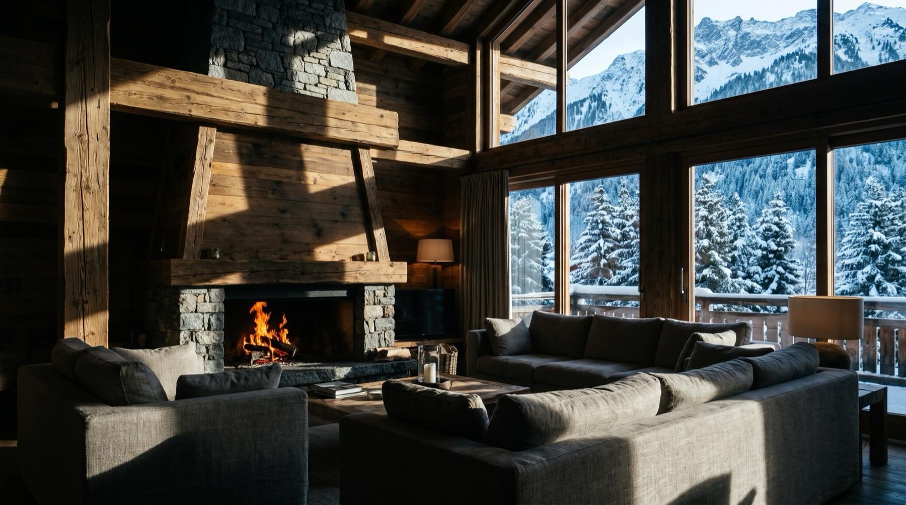 A timber and stone chalet interior with a lit fire and snow at the glass