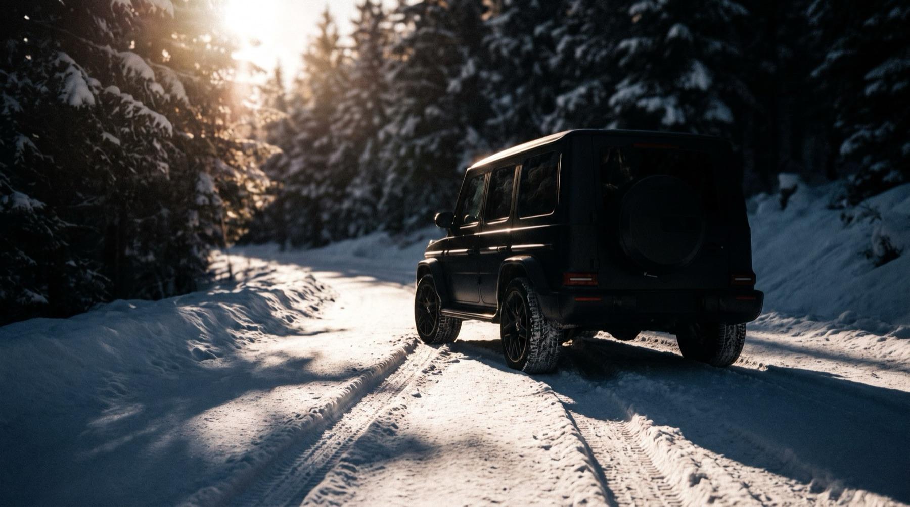 A dark estate car on a snow-lined mountain road
