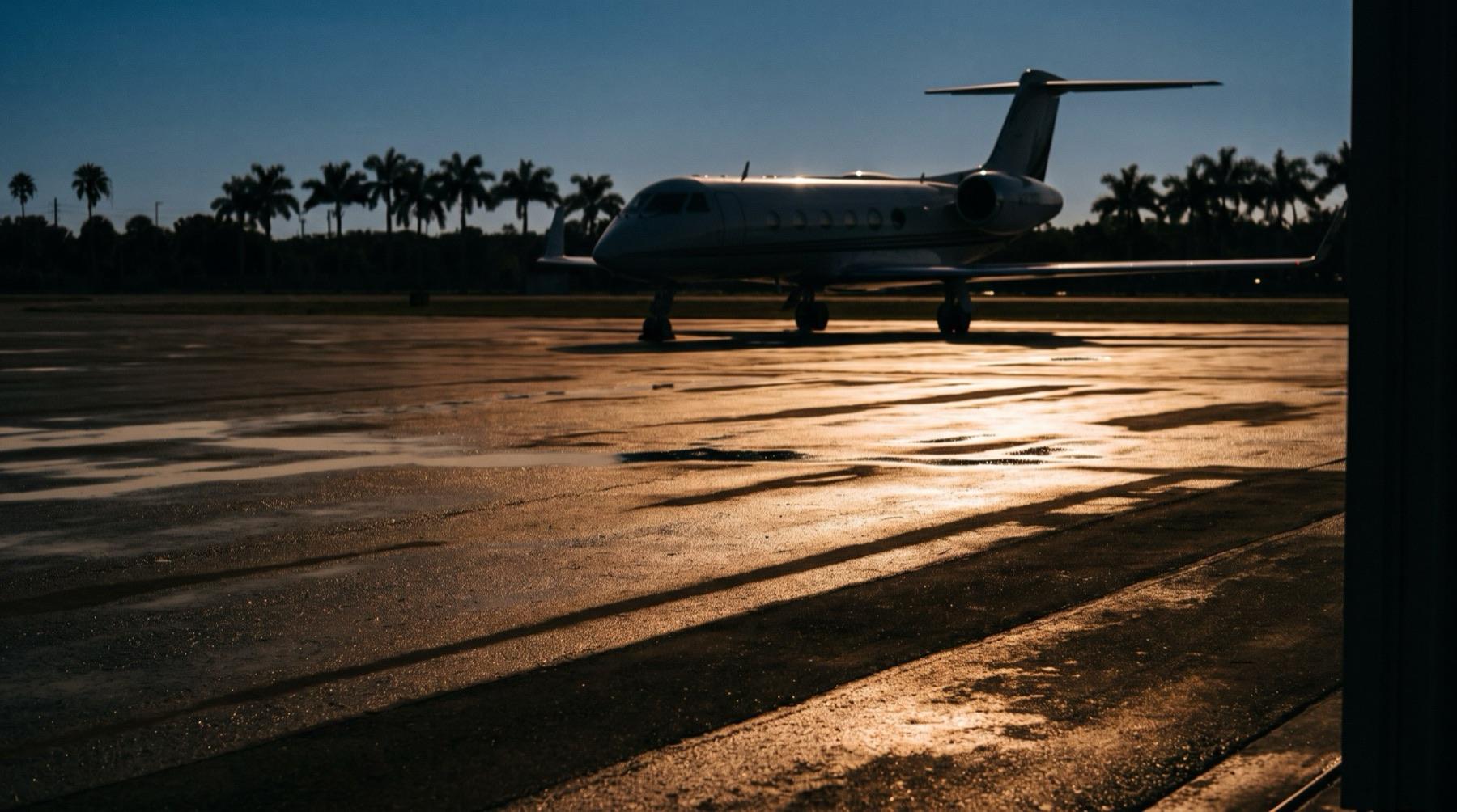 A private jet on an FBO ramp at dusk with a car waiting planeside