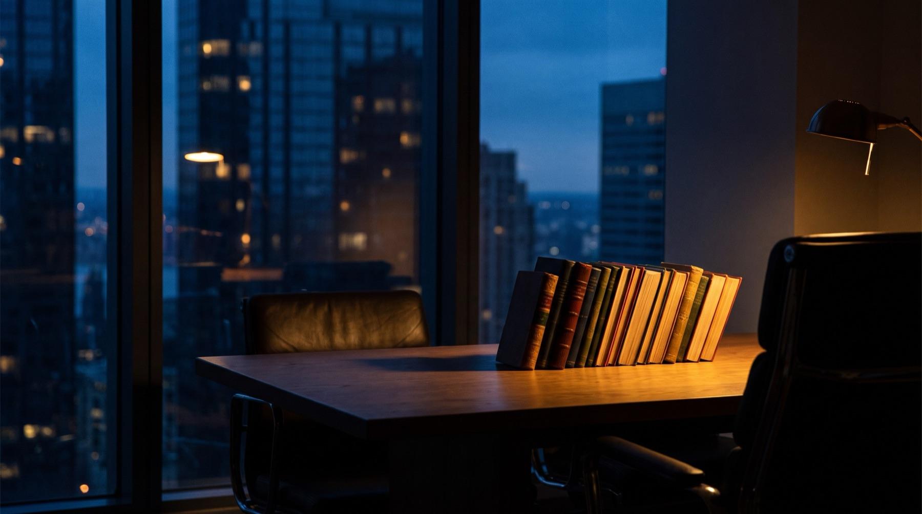 A quiet private office at dusk with a single lamp and a city skyline beyond