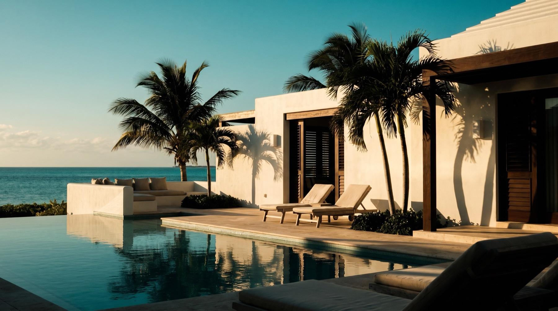 A shaded villa terrace with a long table set before arrival