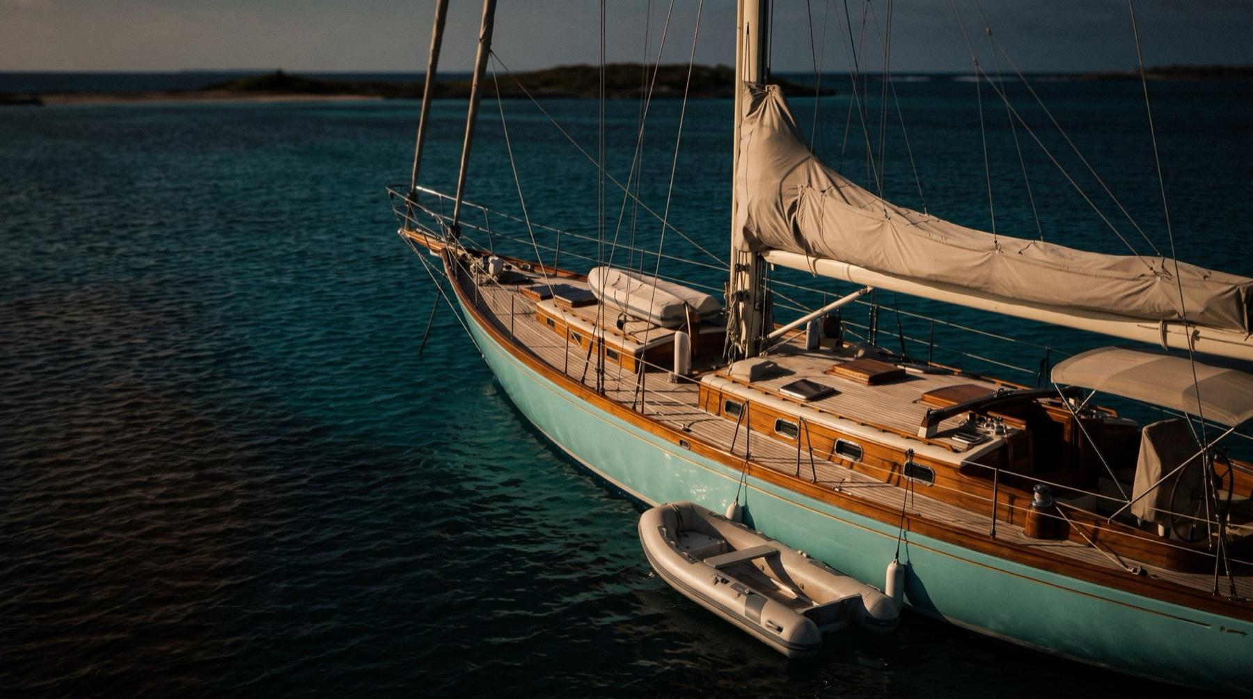 A sailing yacht at anchor in turquoise Bahamian water in late afternoon light