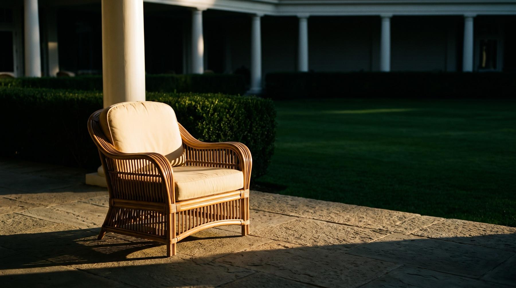 A private club loggia at golden hour, looking onto a clipped lawn