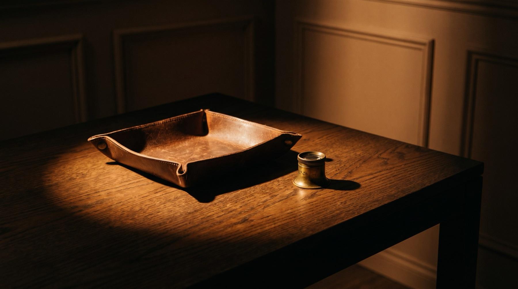 A watch on a dark presentation tray in low boutique light