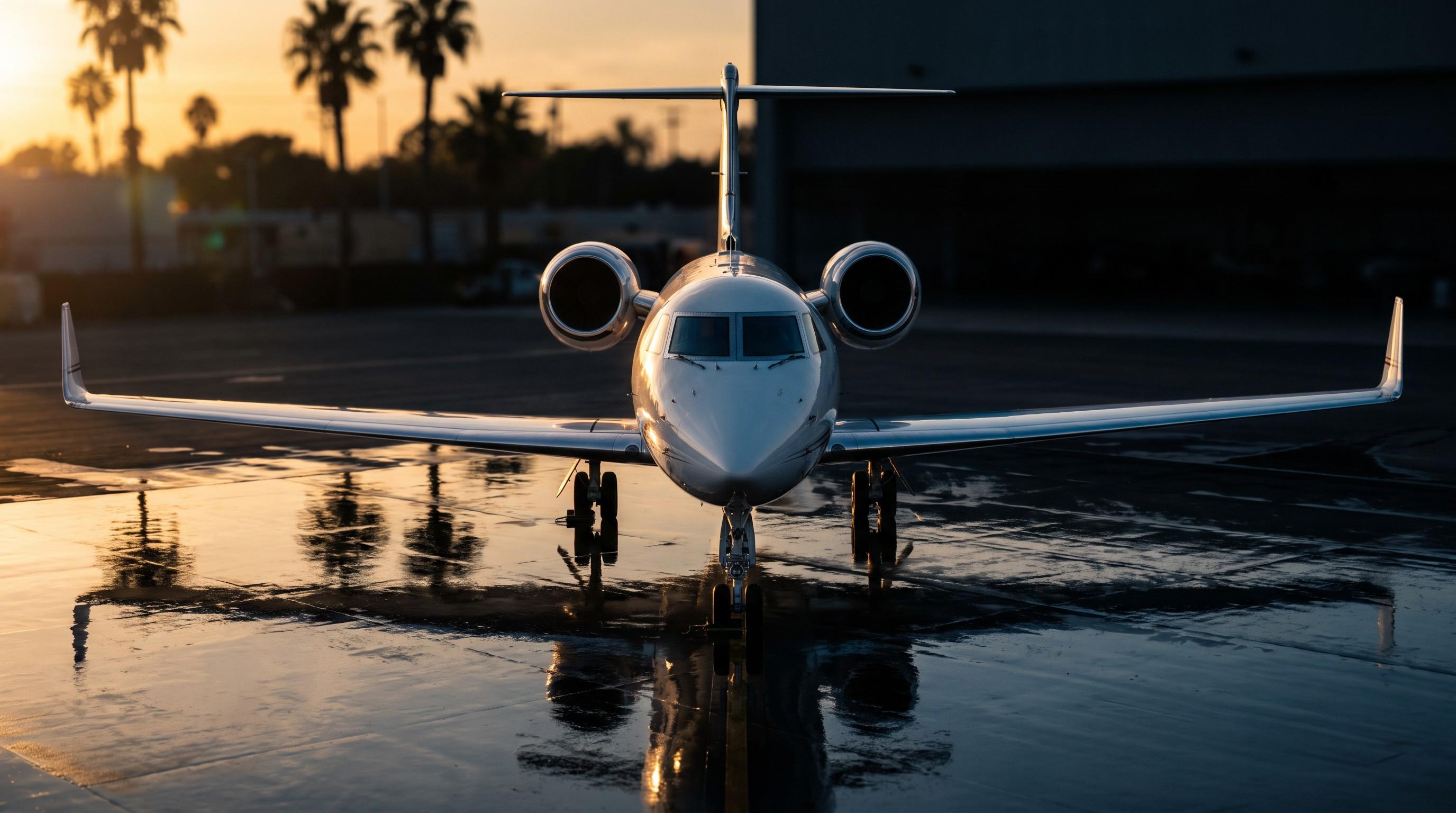 A private jet nose-on at golden hour on a wet FBO ramp, palm trees silhouetted behind it