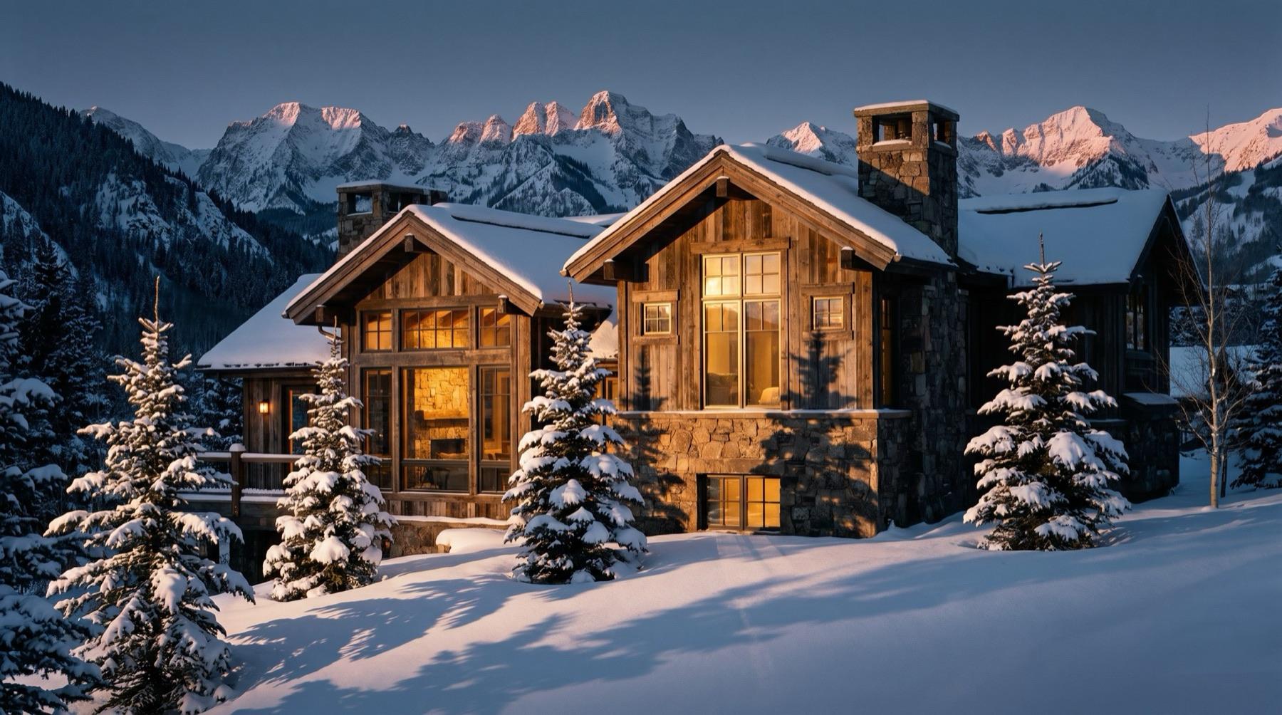 Aspen in winter, snow-laden evergreens below a mountain ridge